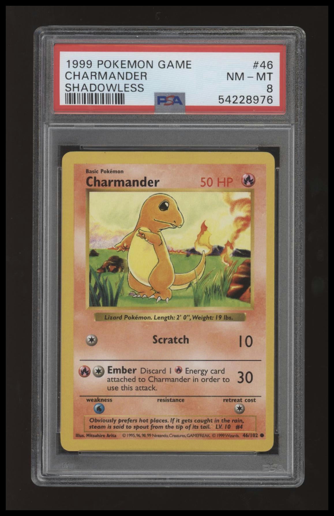 Pokemon - Charmander - Base Set - 46/102 - Shadowless - Unlimited - PSA 8